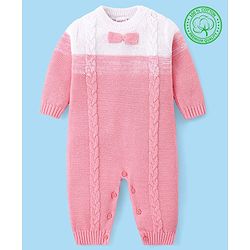 Babyhug Cotton Knit Full Sleeves Winter Romper with Cable Knit Design - Pink