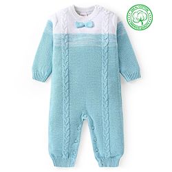 Babyhug Cotton Knit Full Sleeves Winter Wear Romper With Cable Knit Design Bow Applique - Sky Blue