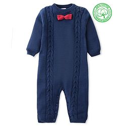 Babyhug Sweater Knitted Full Sleeves Winter Wear Romper With Cable Knit Design & Bow - Navy Blue