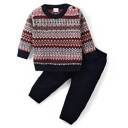 Babyhug Knitted Full Sleeves Pullover Sweater Set with Aztec Design - Multicolour