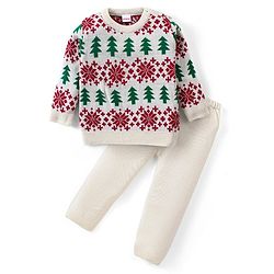 Babyhug Knitted Full Sleeves Sweater Set with Trees Design - Multicolour