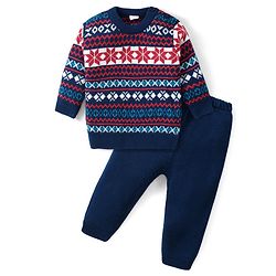 Babyhug Knitted Full Sleeves Sweater Set with Intarsia Design - Blue Red & White