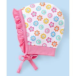 Babyhug 100% Cotton Bonnet Cap with Knot Polka Dot & Floral Print Pack of 2 - Pink