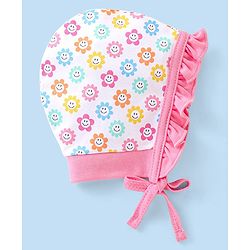 Babyhug 100% Cotton Bonnet Cap with Knot Polka Dot & Floral Print Pack of 2 - Pink