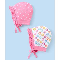 Babyhug 100% Cotton Bonnet Cap with Knot Polka Dot & Floral Print Pack of 2 - Pink