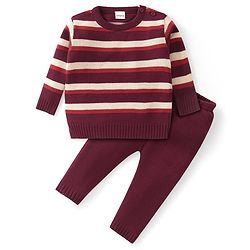 Babyhug Knitted Full Sleeves Sweater Set with Stripes - Maroon