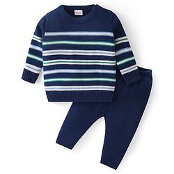 Babyhug Knitted Full Sleeves Striped Pullover Sweater Set - Navy Blue Green & White
