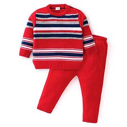 Babyhug Knit Full Sleeves Sweater Set With Stripes - Red