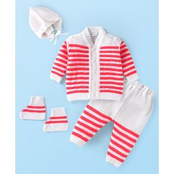 Babyhug Knitted Full Sleeves Striped Front Open Sweater Set with Pair of Booties & Cap - Red & White