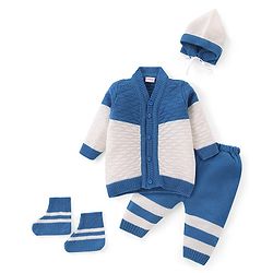 Babyhug Knitted Full Sleeves Front Open Striped Sweater Set with Cap & Pair of Booties - Blue & White