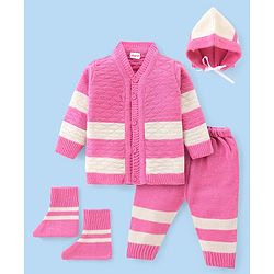 Babyhug Knit Full Sleeves Front Open Sweater & Pant Set with Cap and Booties Stripes Design - Pink