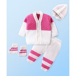 Babyhug Knit Full Sleeves Colour Blocked Sweater Set with Cap & Socks - White & Pink