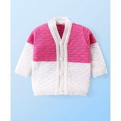 Babyhug Knit Full Sleeves Colour Blocked Sweater Set with Cap & Socks - White & Pink