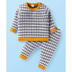 Babyhug Knitted Full Sleeves Sweater Set With Chevron Design - White