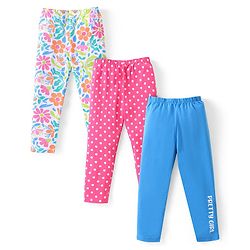 Babyhug Cotton Lycra Knit Full Length Leggings with Floral Polka Dots & Text Print Pack of 3 - Pink & Blue