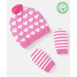 Babyhug 100% Organic Woollen Cap & Mittens With Pom Pom Applique & Heart Design Pink - Diameter 11 cm