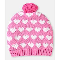 Babyhug 100% Organic Woollen Cap & Mittens With Pom Pom Applique & Heart Design Pink - Diameter 11 cm
