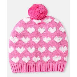 Babyhug 100% Organic Woollen Cap & Mittens With Pom Pom Applique & Heart Design Pink - Diameter 11 cm