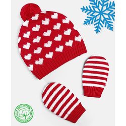 Babyhug 100% Cotton Organic Woollen Caps With Mittens Heart Print - Red & White
