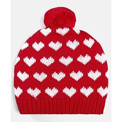 Babyhug 100% Cotton Organic Woollen Caps With Mittens Heart Print - Red & White