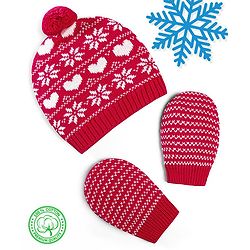 Babyhug 100% Cotton Organic Woollen Caps With Mittens Heart Print - Red & White
