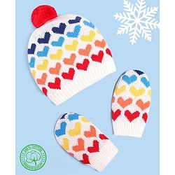 Babyhug 100% Cotton Organic Woollen Caps With Mittens Heart Print - Red & White