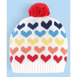Babyhug 100% Cotton Organic Woollen Caps With Mittens Heart Print - Red & White