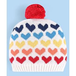 Babyhug 100% Cotton Organic Woollen Caps With Mittens Heart Print - Red & White