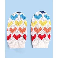 Babyhug 100% Cotton Organic Woollen Caps With Mittens Heart Print - Red & White