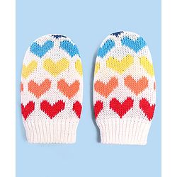 Babyhug 100% Cotton Organic Woollen Caps With Mittens Heart Print - Red & White
