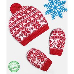 Babyhug 100% Cotton Organic Woollen Caps With Mittens Intarsia Design - Red & White
