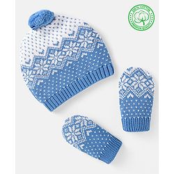 Babyhug 100% Organic Woollen Cap & Mittens With Pom Pom Applique & Floral Design Blue - Diameter 10 cm