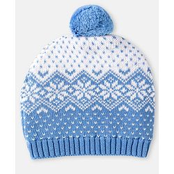 Babyhug 100% Organic Woollen Cap & Mittens With Pom Pom Applique & Floral Design Blue - Diameter 10 cm