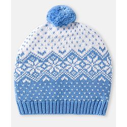 Babyhug 100% Organic Woollen Cap & Mittens With Pom Pom Applique & Floral Design Blue - Diameter 10 cm