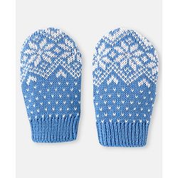 Babyhug 100% Organic Woollen Cap & Mittens With Pom Pom Applique & Floral Design Blue - Diameter 10 cm