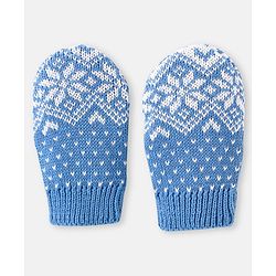Babyhug 100% Organic Woollen Cap & Mittens With Pom Pom Applique & Floral Design Blue - Diameter 10 cm