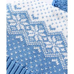 Babyhug 100% Organic Woollen Cap & Mittens With Pom Pom Applique & Floral Design Blue - Diameter 10 cm