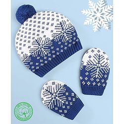 Babyhug 100% Cotton Organic Woollen Caps With Mittens Snow Print - Blue & White