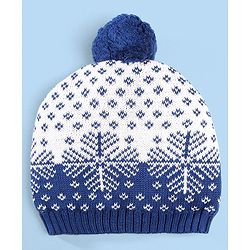 Babyhug 100% Cotton Organic Woollen Caps With Mittens Snow Print - Blue & White