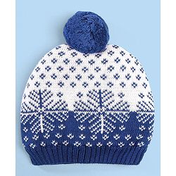 Babyhug 100% Cotton Organic Woollen Caps With Mittens Snow Print - Blue & White