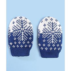 Babyhug 100% Cotton Organic Woollen Caps With Mittens Snow Print - Blue & White