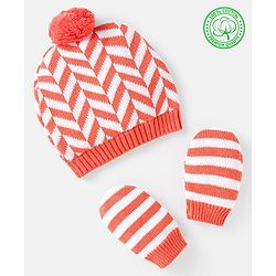 Babyhug 100% Organic Woollen Cap & Mittens With Pom Pom Applique & Chevron Design Orange - Diameter 9.5 cm
