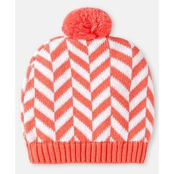 Babyhug 100% Organic Woollen Cap & Mittens With Pom Pom Applique & Chevron Design Orange - Diameter 9.5 cm