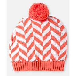 Babyhug 100% Organic Woollen Cap & Mittens With Pom Pom Applique & Chevron Design Orange - Diameter 9.5 cm