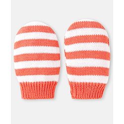 Babyhug 100% Organic Woollen Cap & Mittens With Pom Pom Applique & Chevron Design Orange - Diameter 9.5 cm