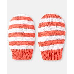 Babyhug 100% Organic Woollen Cap & Mittens With Pom Pom Applique & Chevron Design Orange - Diameter 9.5 cm