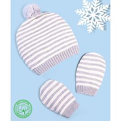 Babyhug 100% Cotton Organic Woollen Striped Caps With Mittens  - Grey & White