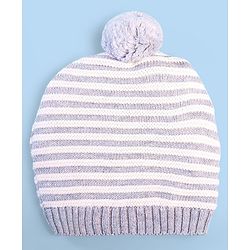 Babyhug 100% Cotton Organic Woollen Striped Caps With Mittens  - Grey & White