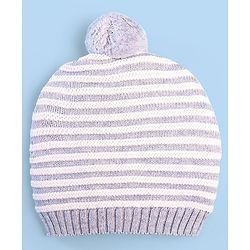 Babyhug 100% Cotton Organic Woollen Striped Caps With Mittens  - Grey & White