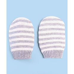 Babyhug 100% Cotton Organic Woollen Striped Caps With Mittens  - Grey & White